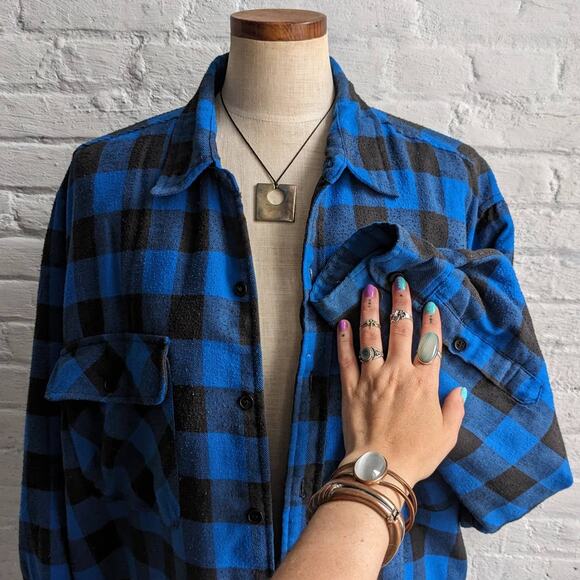 Y2K Vintage Blue Plaid Flannel Utility Blanket Thermal Oversize Coat Jacket - Picture 3 of 10